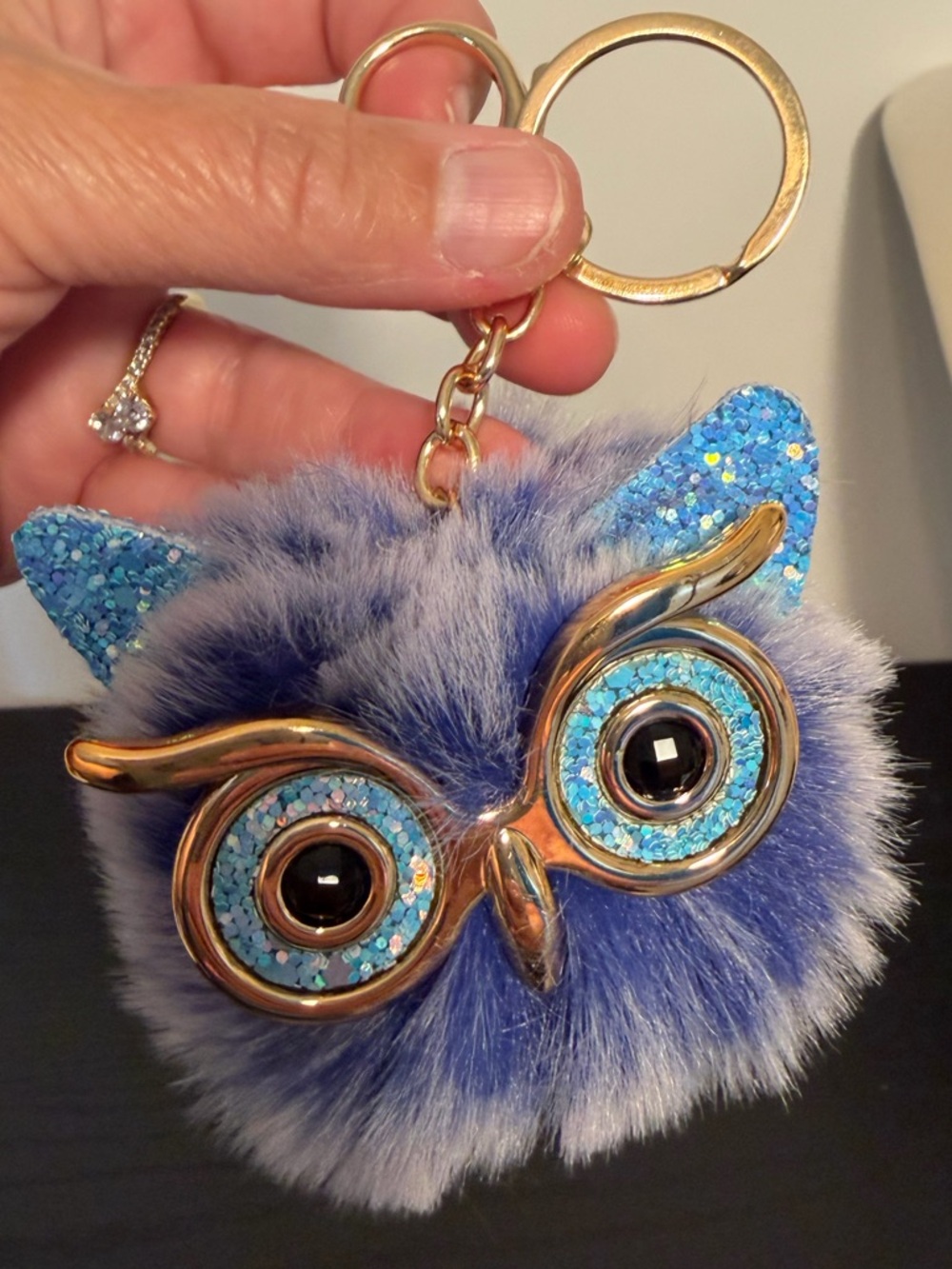 Blue Furry Owl Keychain/Bag charm with Gold Accents